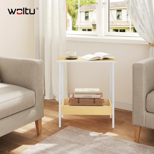 Woltu Bijzettafel BTS03nh - Salontafel met 2 Planken - Zwart Metaal en Houtlook - 50 x 55 x 25 cm