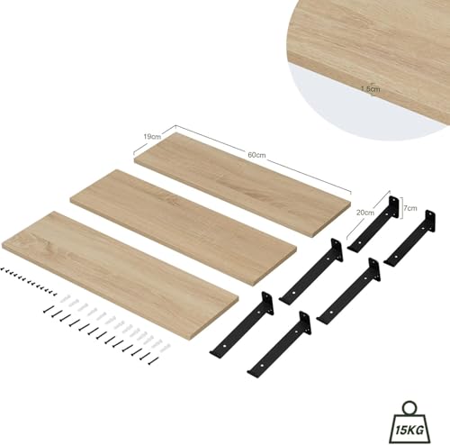 Eugad Set van 3 Zwevende Wandplanken Retro Stijl - Zwart en Licht Hout - 60 x 20 x 7 cm