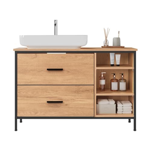 Eugad Badkamerkast met 2 Lades en 3 Open Vakken Licht Eiken - Zwart 90 x 30 x 60 cm