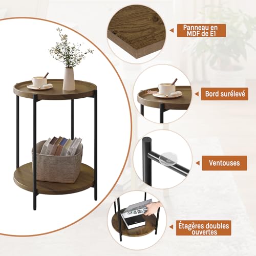 Woltu Ronde Salontafel met 2 Planken en Afneembaar Dienblad Vintage Houtlook
