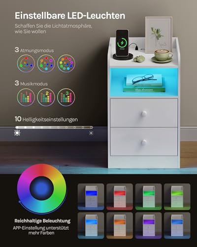 Woltu Nachtkastje met LED-verlichting en Stopcontact Wit 40 x 35 x 64 cm