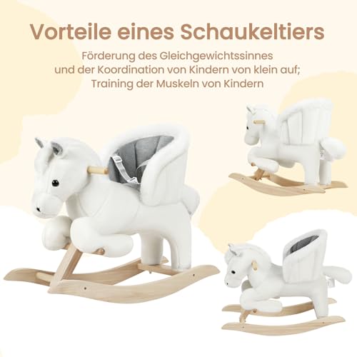 Woltu Schommelpaard met Geluid en Veiligheidsriem - Wit en Grijs - Pluche Bekleding