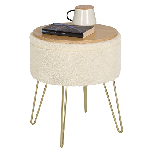 Woltu Opbergkruk Rond - Crème Wit - Ø39 x 44 cm - Stijlvolle Poef met Opbergruimte
