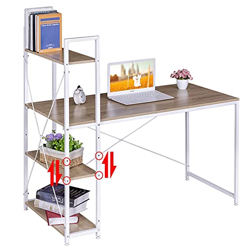 Woltu Computertafel Licht Eiken + Wit met 4 Opbergrekken - Ruime Werkplek 120x64 cm
