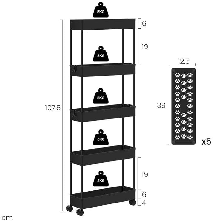 Klihome Service trolley - opbergkar met wielen - 5 etages - smal 12,5 cm - mat zwart