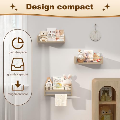 Woltu Kinder Wandplank Set van 3 - Massief Hout - 40 cm - Met Houten Kralen - Veilig en Praktisch