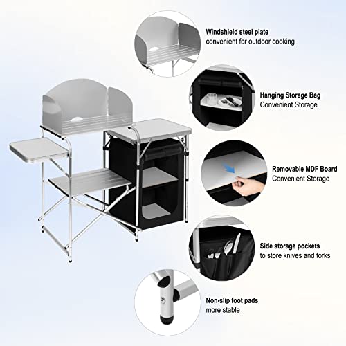 Woltu Campingtafel Zwart/Wit – Inklapbare Campingkeuken met Opbergtas – 147 x 40 x 111 cm