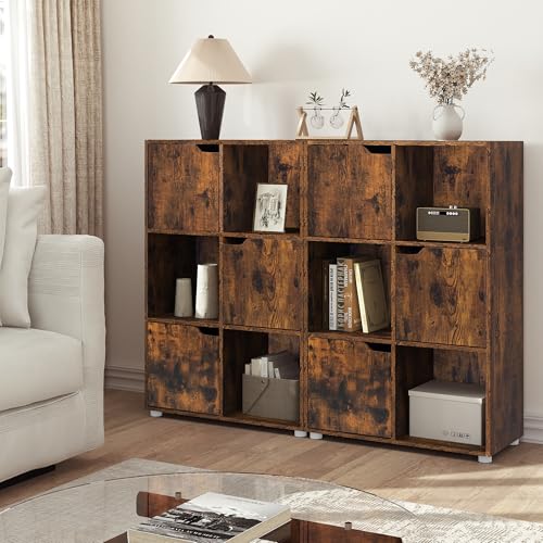 Woltu Boekenkast SK001vbn 6 Vakken met Deuren - Houten Kast Rustiek Bruin - 59,7 x 29 x 91 cm