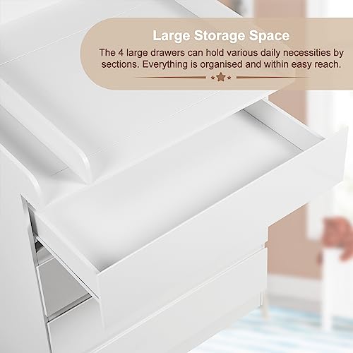 Woltu Commode met Verwijderbare Verschoonmat en 4 Lades - Wit Hoogglans - 110 cm Hoog