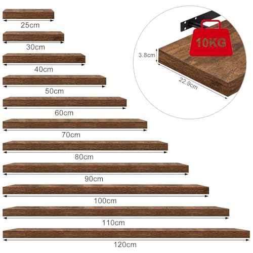 Woltu Wandplank RG9315hov Vintage Bruin - Houten Wandrek voor Woonkamer, Keuken, Badkamer, Slaapkamer en Kantoor - 120 x 23 x 3,8 cm