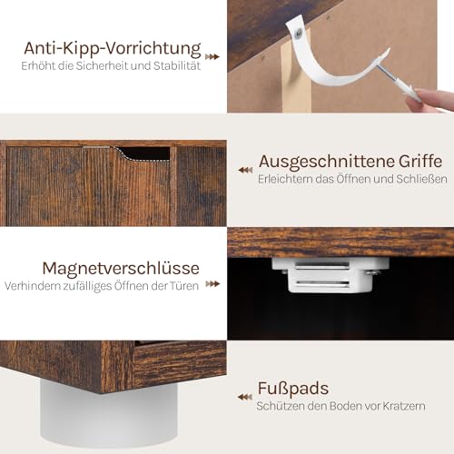 Woltu Boekenkast SK001vbn 6 Vakken met Deuren - Houten Kast Rustiek Bruin - 59,7 x 29 x 91 cm