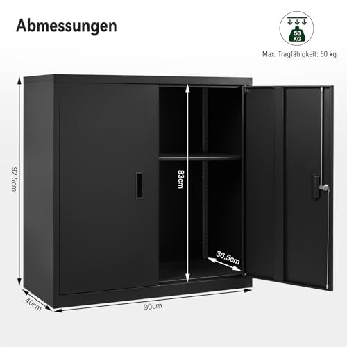 Woltu Lockerkast met Verstelbare Legplank - Metalen Kast met Slot - Zwart - 90 x 92 x 40 cm