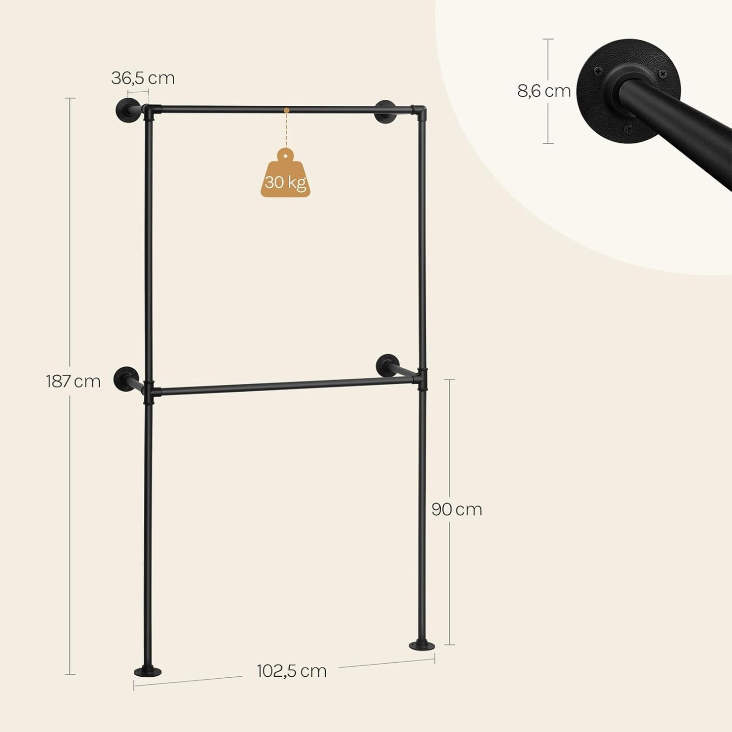 Woltu Industriële Wand Kledingrek met 2 Hangrails - Open Garderobekast van Metaal - Zwart - 102,5 x 36,5 x 187 cm