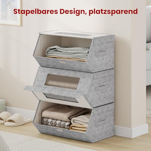 Woltu Stapelbare Opbergdozen met Deksel Grijs en Beige 50x25x35 cm Set van 3