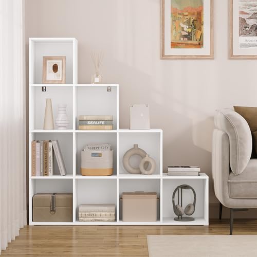 Woltu Boekenkast Trapvormige Plank met 10 Vakken Wit 120 x 30 x 120 cm