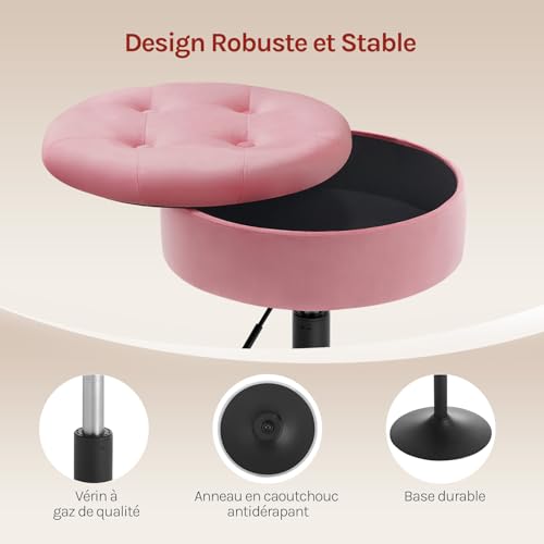Woltu Make-up Kruk met Opbergruimte - Verstelbare Barstoel 50-66,5 cm - Ronde Zitting - Fluweel Roze