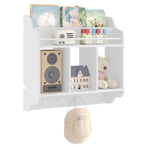 Woltu Zwevende Wandplank voor Kinderen - Boekenkast met 3 Compartimenten en 4 Haakjes - Wit - 60 x 20 x 57 cm