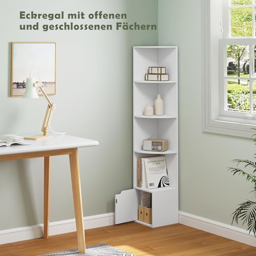 Woltu Hoekboekenkast met 5 Planken en Kastdeur - Wit Hout - 29,5 x 29,5 x 158 cm