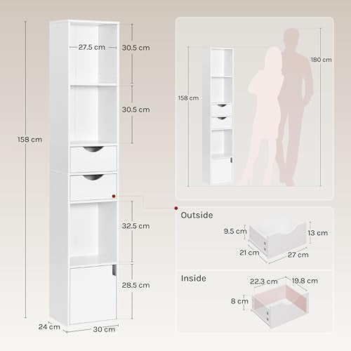 Woltu Boekenkast met Laden - Staande Opbergkast - Wit - 30x24x158 cm