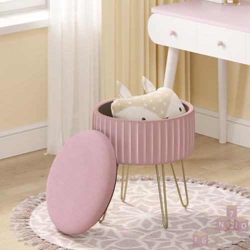 Woltu Opbergpoef Rond - Lichtroze Fluweel - 31,5x37,5 cm