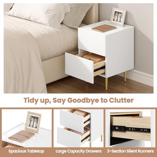Woltu Nachtkastje NTS10ws03 Hoogglans Wit met Gouden Accenten - 2 Lades - MDF, PVC en Metaal - 40 x 35 x 51 cm