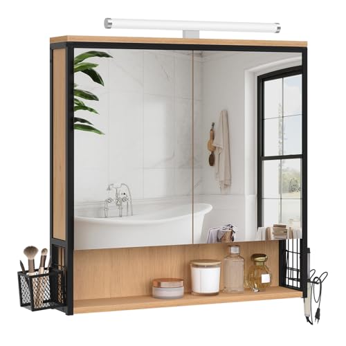 Eugad Badkamerkast met Spiegel en Verlichting Zwart Licht Eiken 70x70x14,5 cm