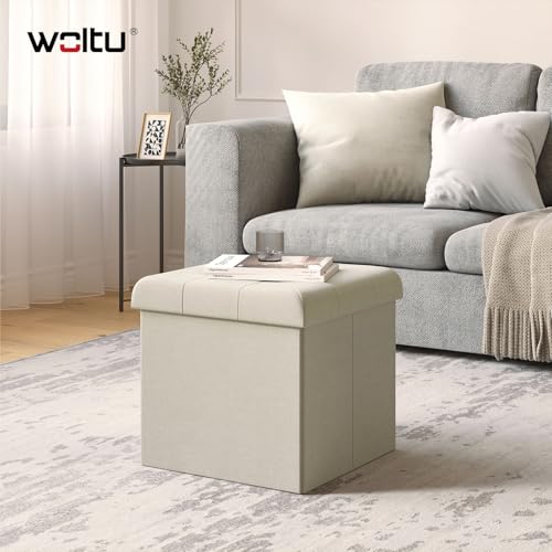 Woltu Opvouwbare Kruk met Opbergruimte - Crème Wit - 37,5 x 37,5 x 38 cm