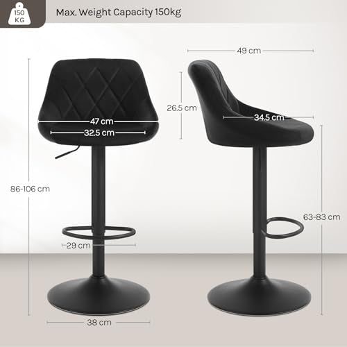 Woltu Barkruk Metalen Frame en Fluweel Bekleding Zwart - Draaibaar en Verstelbaar BH219sz-1