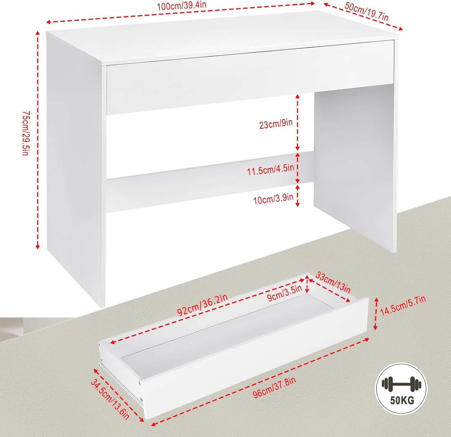 eSituro Bureau met Lade Wit 100 x 50 x 75 cm - Modern Computerbureau - Studeertafel - Thuiswerkbureau met Opberglade