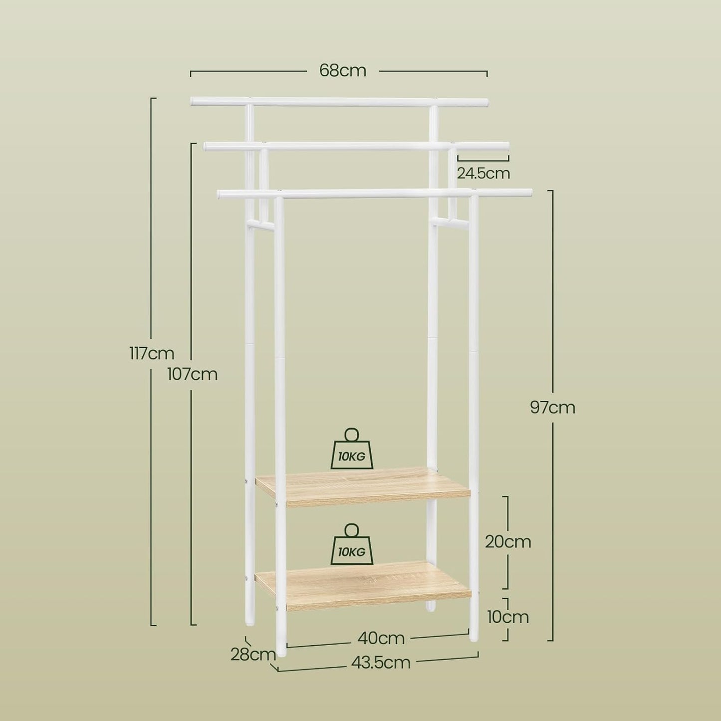 Eugad Vrijstaand Handdoekenrek met 3 Handdoekstangen en 2 Opbergplanken - 68 x 28 x 117 cm - Wit met Eikenhouteffect