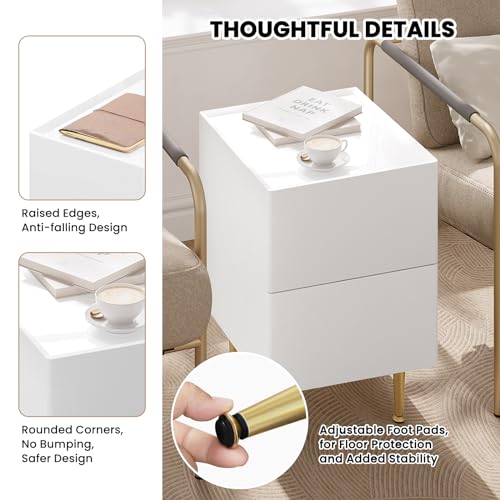 Woltu Nachtkastje NTS10ws03 Hoogglans Wit met Gouden Accenten - 2 Lades - MDF, PVC en Metaal - 40 x 35 x 51 cm