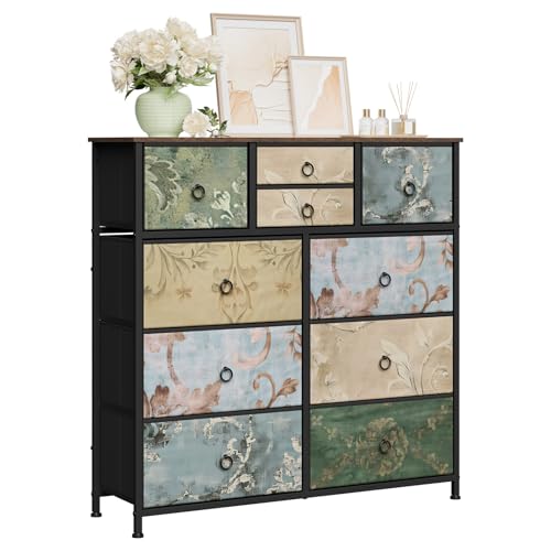 Woltu Ladekast met 10 Lades Vintage Bloemenmotief - Bruin - 100 x 100 x 30 cm