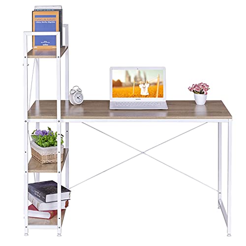 Woltu Computertafel Licht Eiken + Wit met 4 Opbergrekken - Ruime Werkplek 120x64 cm