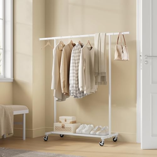 Woltu Kledingrek met Wielen en Opbergrek Wit - Verstelbaar 92,5-132,5 cm - Belastbaar tot 70 kg