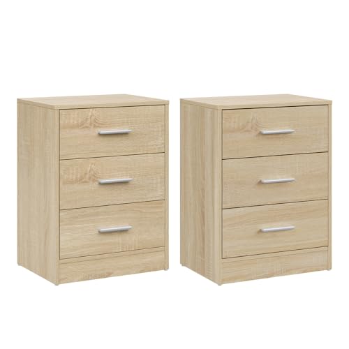 Woltu Set van 2 Nachtkastjes met 3 Lades - Licht Eiken -39 x 54 x 28 cm