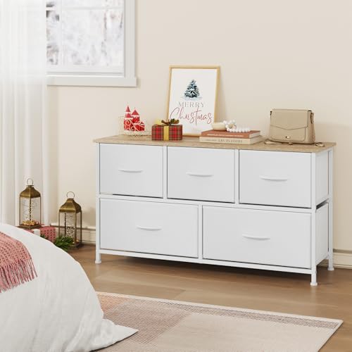Woltu Ladekast met 5 Stoffen Laden - Metalen Frame - Wit - 100x30 cm