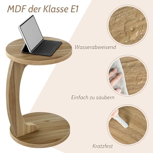 Woltu C-vormige Bijzettafel Rond - Licht Eiken MDF - 38 x 55 cm
