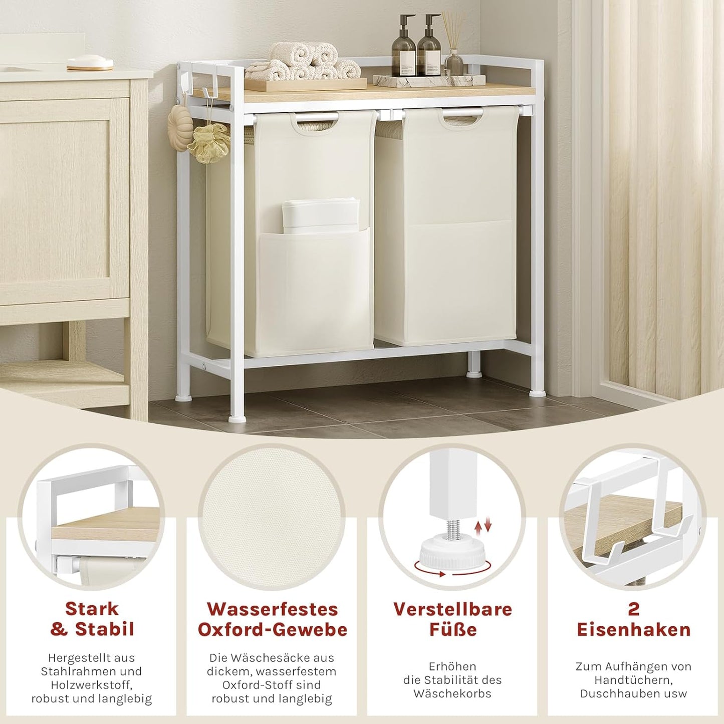 Woltu Wasmand met 2 Vakken en Opbergplank - 80L Inhoud - Uittrekbare & Uitneembare Waszakken - Wit/Licht Eiken - 70 x 30 x 71 cm