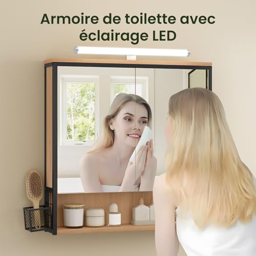 Eugad Badkamerkast met LED Spiegel Licht Eiken Zwart 70 x 14,5 x 70 cm
