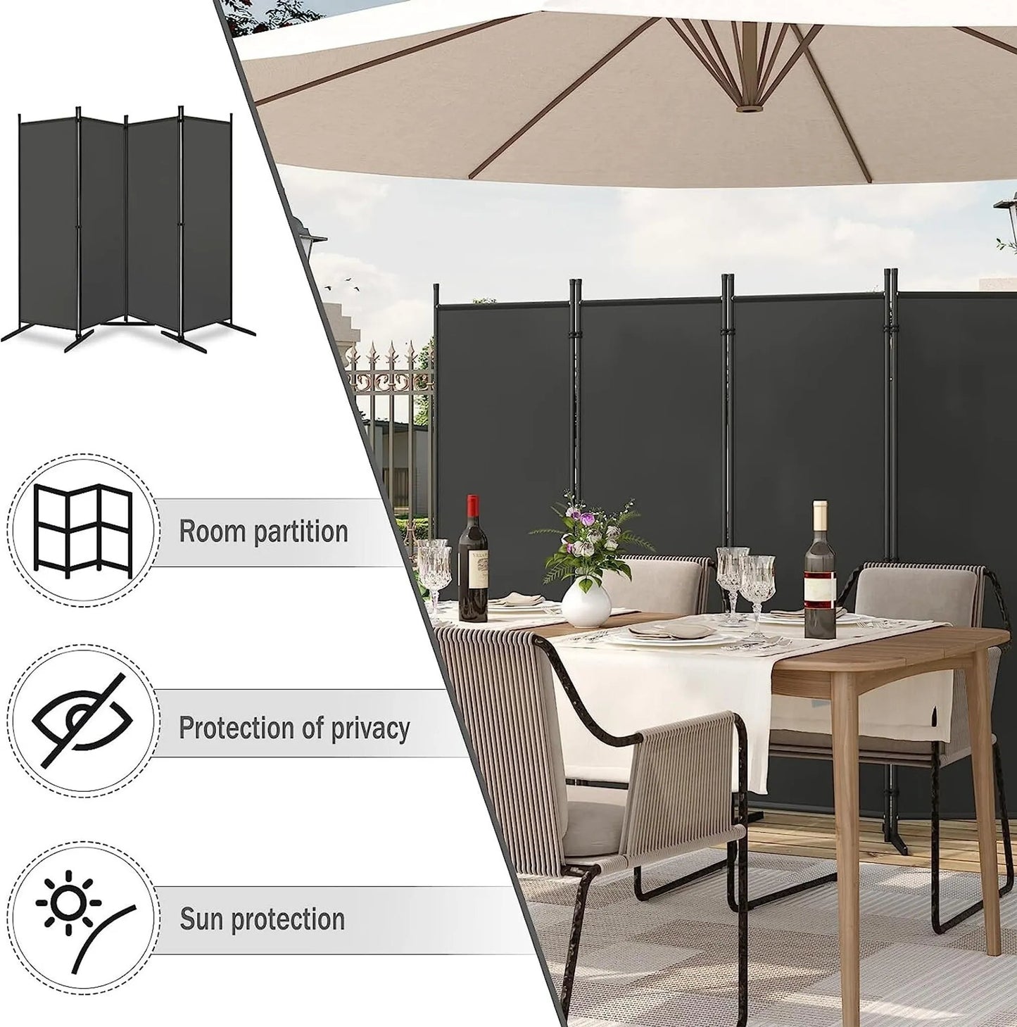 Woltu Paravent Ruimteverdeler & Privacy Scherm 4-Delig Donkergrijs - 223 x 177 cm - Opvouwbare Scheidingswand voor Binnen en Buiten