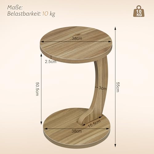 Woltu C-vormige Bijzettafel Rond - Licht Eiken MDF - 38 x 55 cm