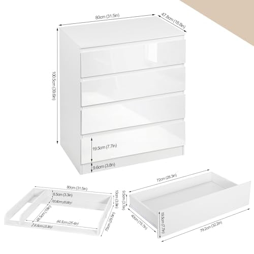 Woltu Commode met Verwijderbare Verschoonmat en 4 Lades - Wit Hoogglans - 110 cm Hoog