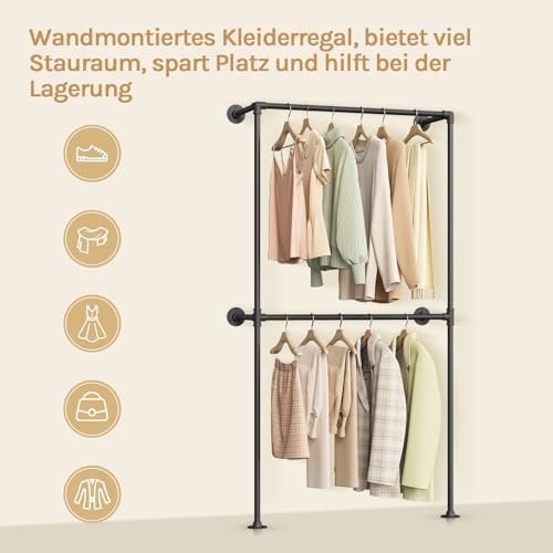 Woltu Open Wandkast Industrieel Zwart - Wandgemonteerde Kledingrek met 2 Stangen 102,5 x 187 x 36,5 cm