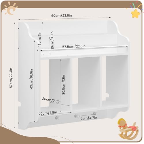 Woltu Kinderwandplank met 3 Open Vakken en 4 Haken Wit 60x57x20 cm