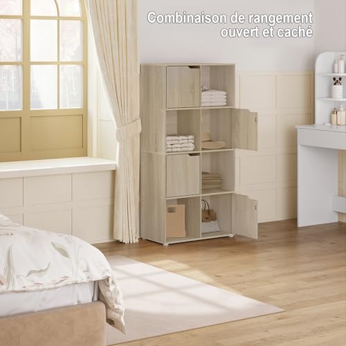 Woltu Boekenkast SK039hei - Opbergkast met 8 Vakken en 4 Deuren - Spaanplaat Licht Eiken - 60x30x120 cm