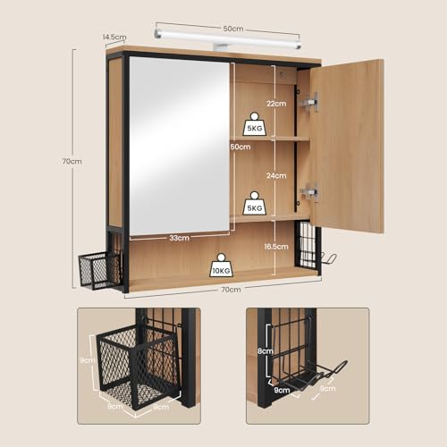 Eugad Badkamerkast met Spiegel en Verlichting Zwart Licht Eiken 70x70x14,5 cm