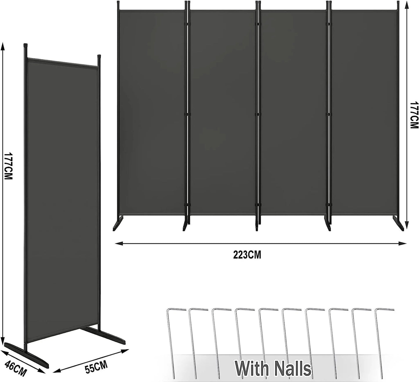 Woltu Paravent Ruimteverdeler & Privacy Scherm 4-Delig Donkergrijs - 223 x 177 cm - Opvouwbare Scheidingswand voor Binnen en Buiten