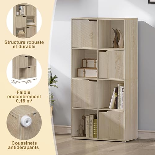 Woltu Boekenkast SK039hei - Opbergkast met 8 Vakken en 4 Deuren - Spaanplaat Licht Eiken - 60x30x120 cm