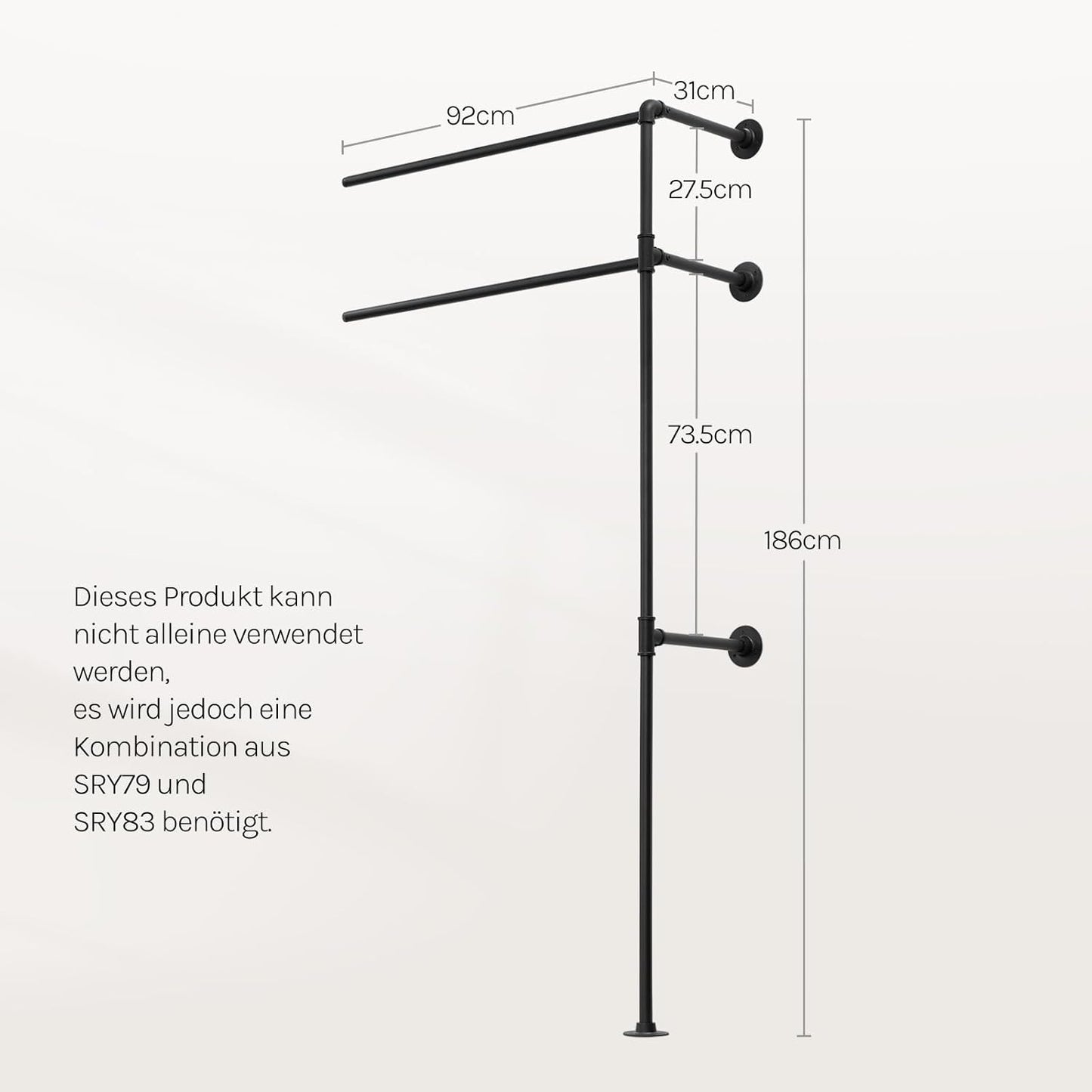 Woltu Industriële Wandgarderobe met Dubbele Kledingroede - Zwart - 92 x 31 cm - Ruimtebesparend Open Kastsysteem