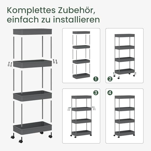 Stijlvolle Serveerwagen met 4 Niveaus en Wieltjes - Grijs - 39 x 84 x 20,5 cm